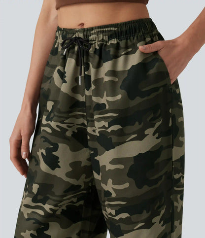 Mid Rise Drawstring Camo Casual Cargo Baggy Pants with Pockets