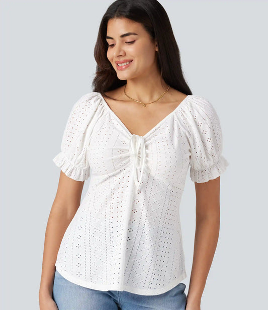 V Neck Puff Short Sleeve Lace Up Eyelet Casual Blouse