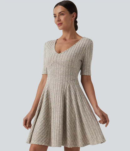 Ribbed Knit V Neck Short Sleeve Flare Mini Casual Dress