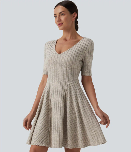 Ribbed Knit V Neck Short Sleeve Flare Mini Casual Dress