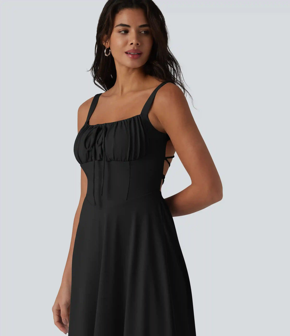 Crisscross Backless Square Neck Sleeveless Ruched Built-in Bra Midi Resort Flowy Milkmaid Dress