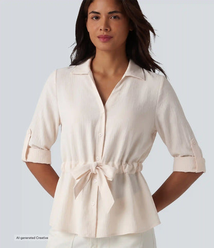 Lapel Roll Up Sleeve Tie Work Linen-Feel Shirt