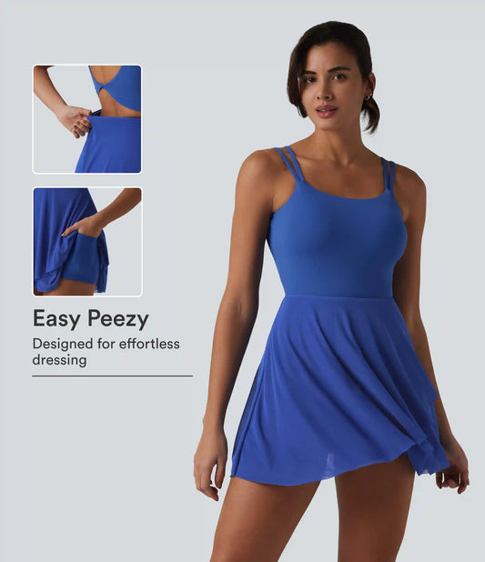 SoftlyZero™ Built-in Bra Contrast Mesh 2-in-1 Mini Tennis Active Slip Dress with Pockets-Easy Peezy Edition