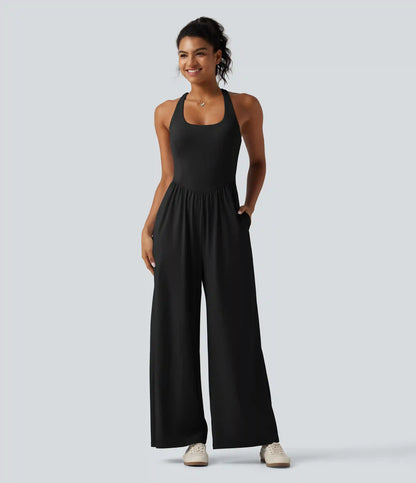 SoftlyZero™ Airy U Neck Crisscross Back InstantCool Dance Jumpsuit with Built-in Bra and Pockets-Easy Peezy Edition