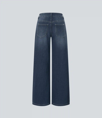 Halara Flex™ Asymmetric Low Rise Zipper Pockets Baggy Wide Leg Washed Casual Jeans