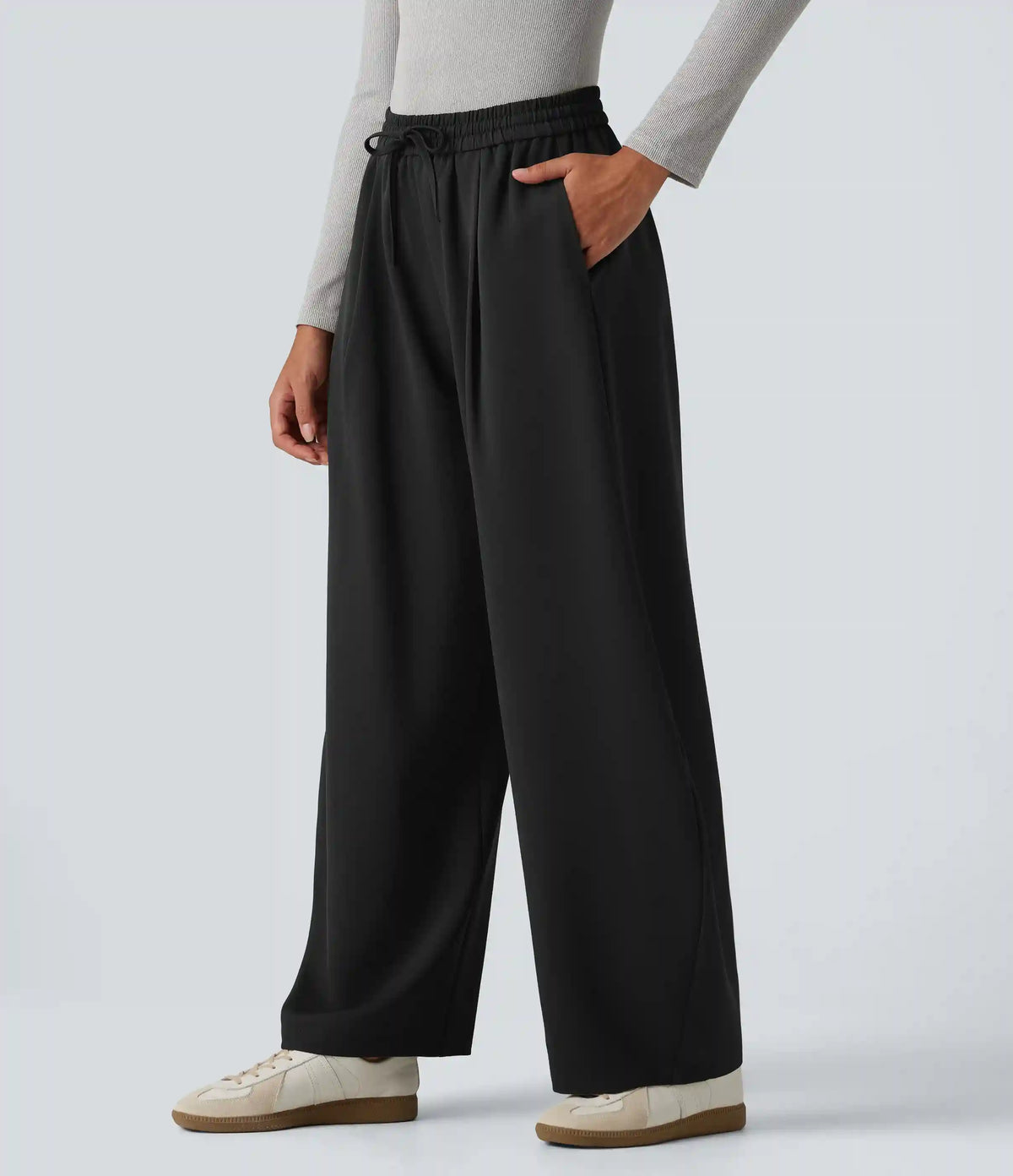 High Waisted Drawstring Barrel Leg Work Pants with Pockets