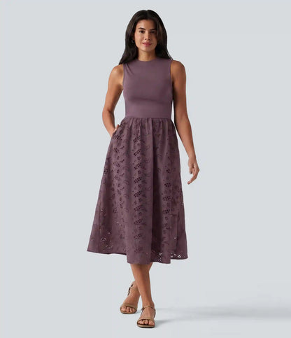 Round Neck Sleeveless Midi Embroidery Eyelet Resort Dress with Pockets