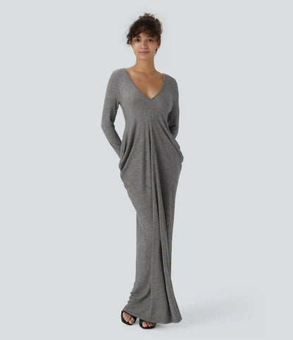 Deep V Neck Long Sleeve Stacked Ruched Maxi Casual Dress