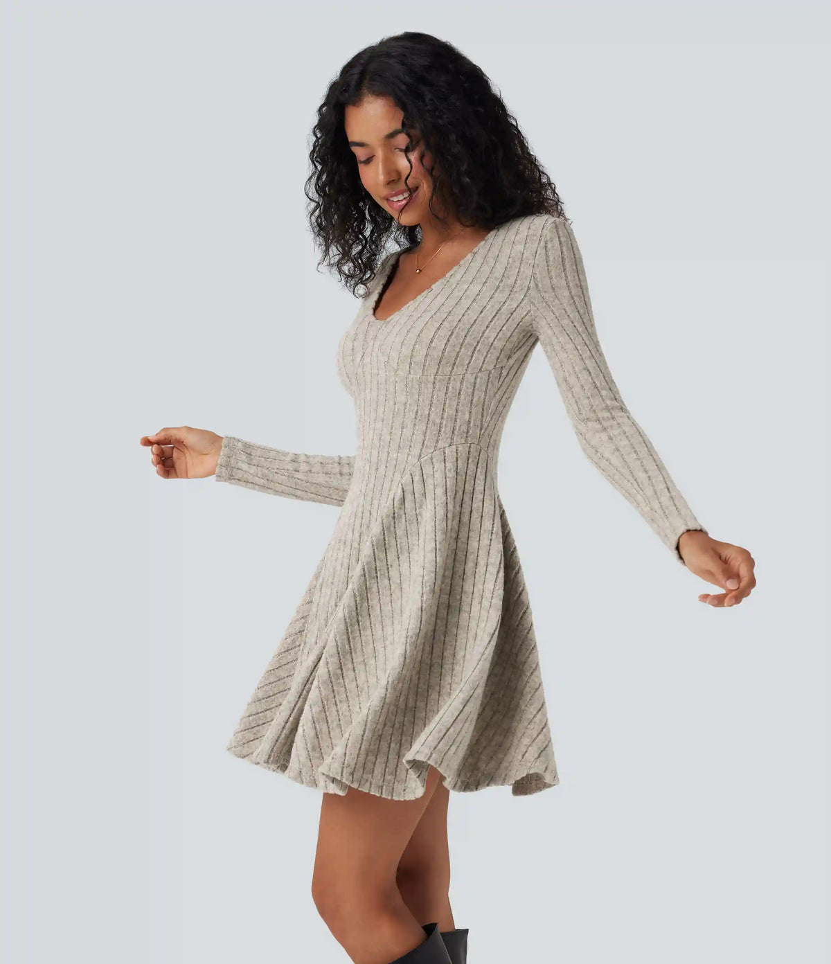 Ribbed Knit V Neck Long Sleeve Flare Mini Casual Dress
