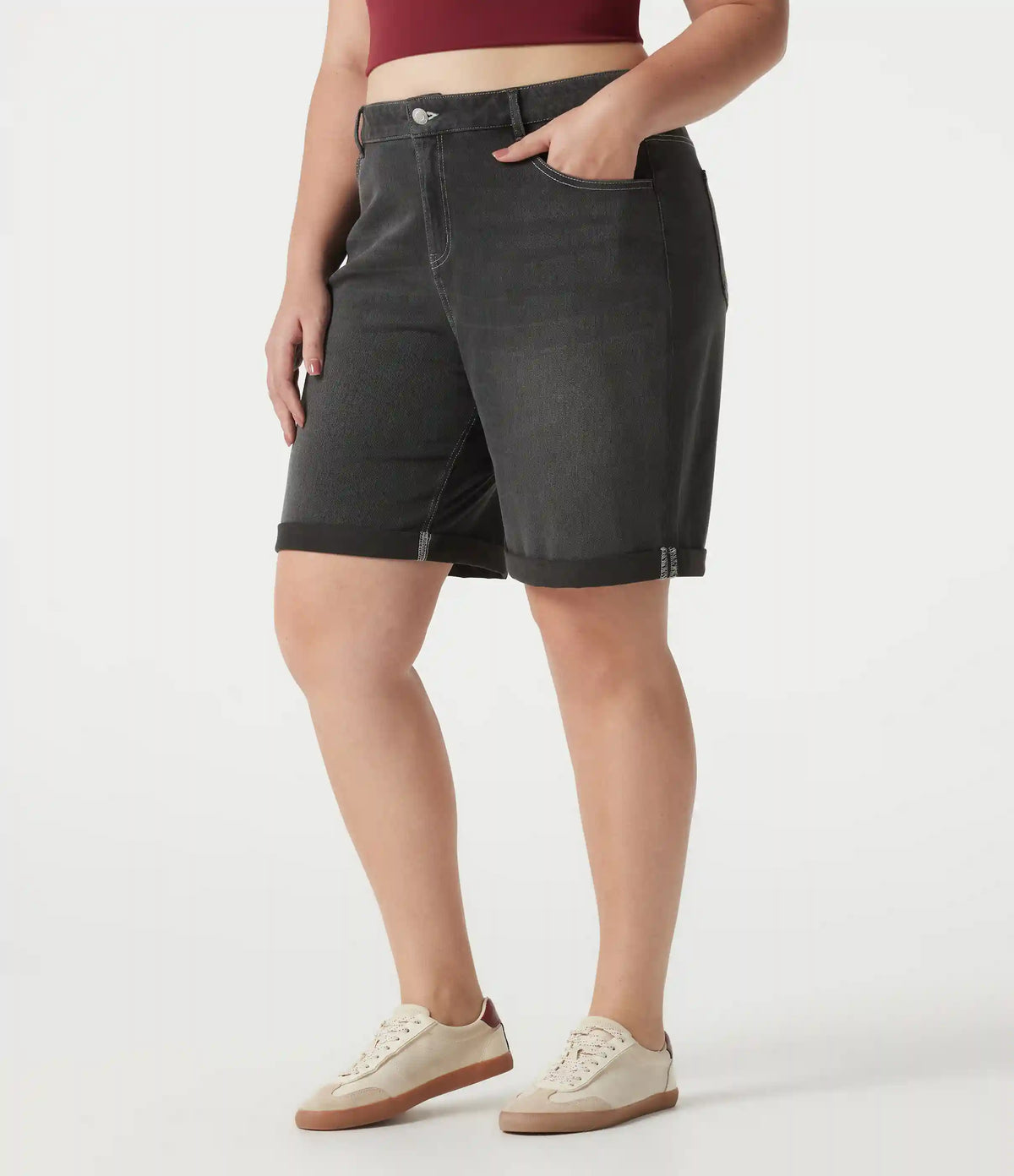 Halara Flex™ High Waisted Multiple Pockets Rolled Hem Washed Stretchy Knit Denim Casual Plus Size Bermuda Shorts