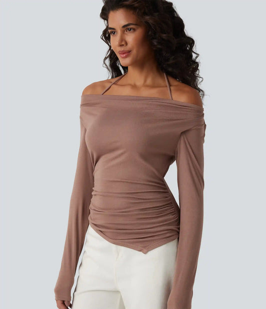 Ribbed Halter Off Shoulder Long Sleeve Ruched Asymmetric Hem Casual Top