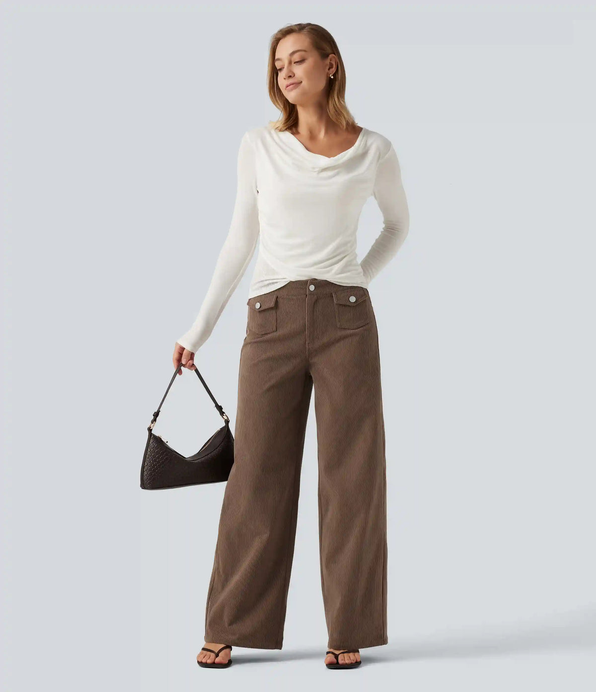 Mid Rise Wide Leg Corduroy Casual Pants with Front Pockets