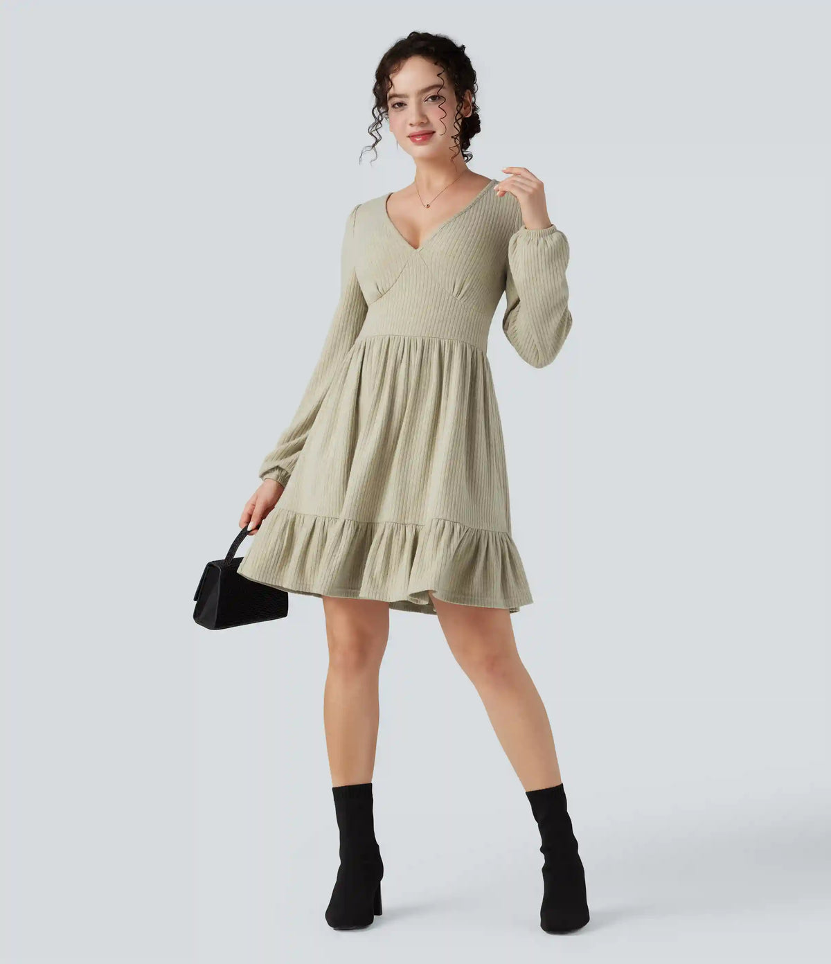 Ribbed Knit V Neck Long Sleeve Ruffle Hem Mini Dress