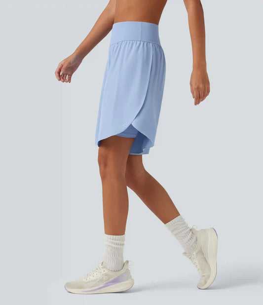 SoftlyZero™ QuickDry High Waisted Tummy Control Reflective Dots Crossover Hem 2-in-1 Running Shorts 9'' with Pockets
