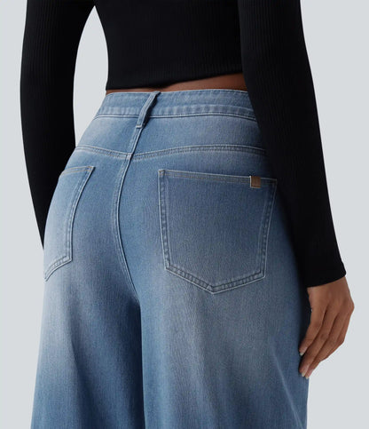Halara Flex™ Asymmetric High Waisted Washed Casual Baggy Jeans with Pockets