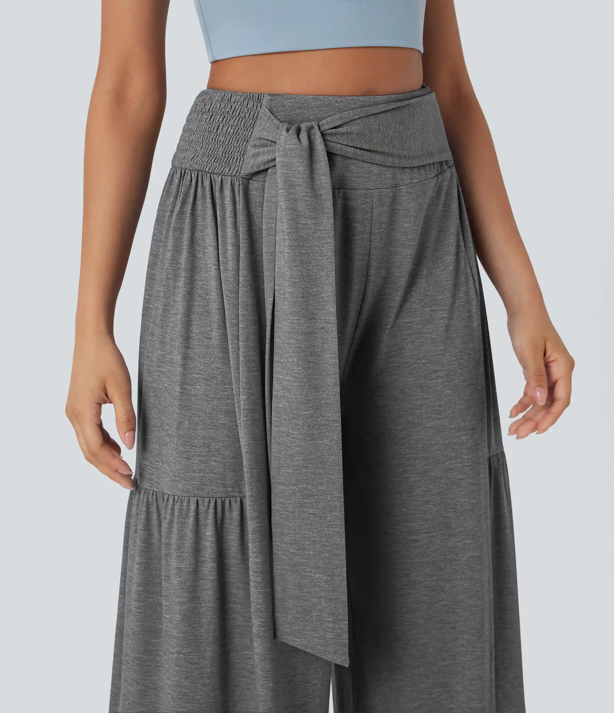 High Waisted Shirred Tie Front & Back Wide Leg Flowy Dance Pants