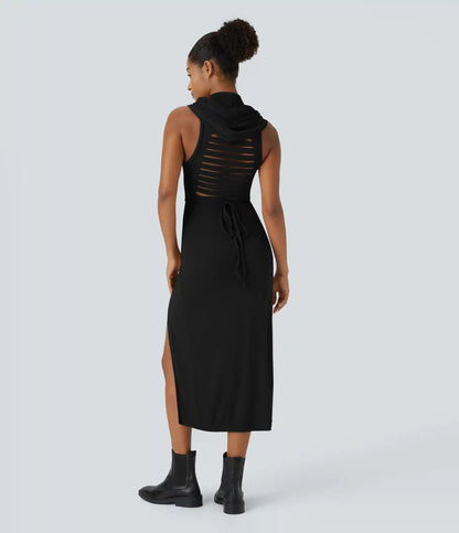 Ribbed Hooded High Neck Sleeveless Cut Out Tie Back 2-Piece Midi Casual Dress