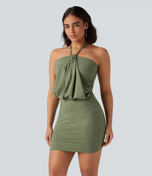 Halter Tie Back Ruched Mini Casual Dress