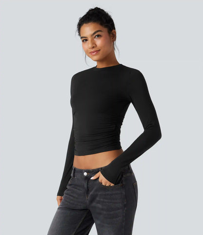 Round Neck Long Sleeve Ruched Casual Top