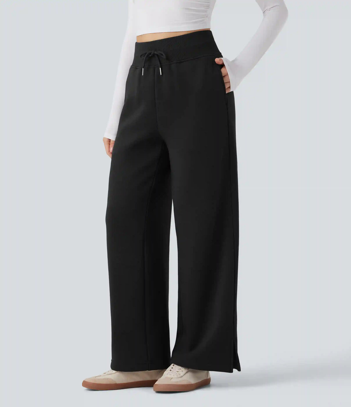 High Waisted Drawstring Split Hem Wide Leg Casual Fleece Pants with Pockets