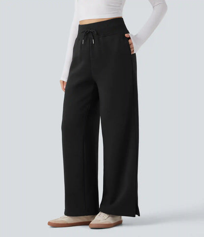 High Waisted Drawstring Split Hem Wide Leg Casual Fleece Pants with Pockets