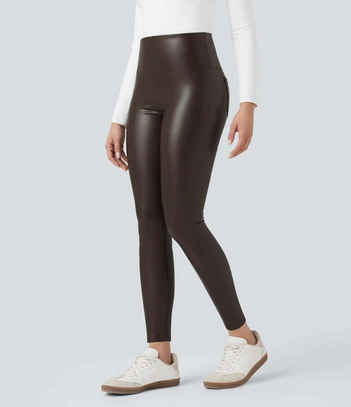 High Waisted Tummy Control Stretchy PU Fleece 7/8 Skinny Casual Leggings with Pockets
