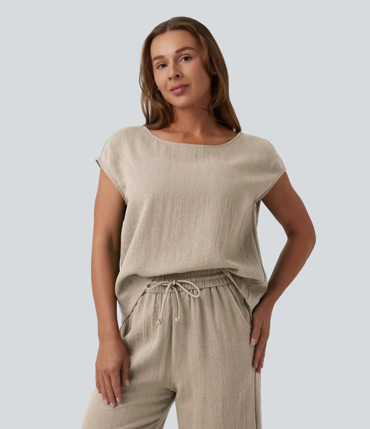 Round Neck Batwing Sleeve Casual Linen-Feel Top
