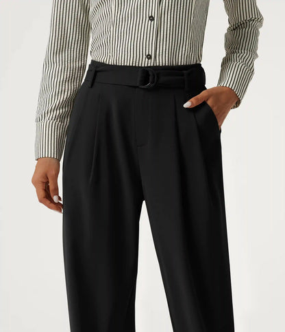 High Waisted Belted Tapered Work Pants with Pockets