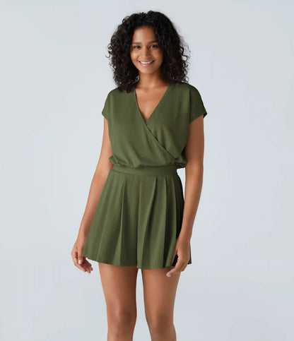 V Neck Short Sleeve Pocket Waffle Casual Romper