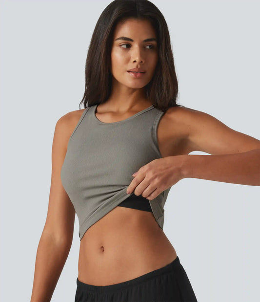 Ribbed Knit Round Neck Built-in Bra Cropped Casual Tank Top
