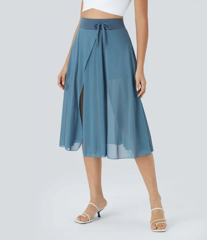 High Waisted Drawstring Contrast Mesh 2-in-1 Pocket Flowy Midi Flare Casual Skirt