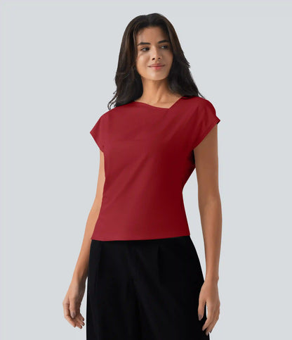 Asymmetric Cowl Neck Short Sleeve Ruched Split Hem Work Blouse