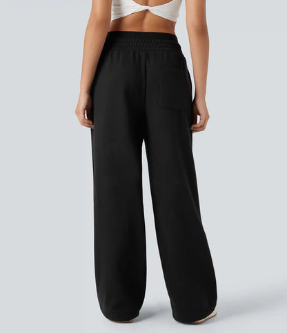 Double Waistband High Waisted Tummy Control Color Block Fleece Casual Wide Leg Pants with Pockets
