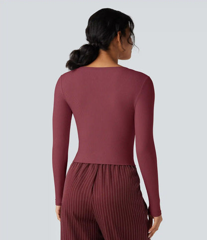 Ribbed Knit V Neck Long Sleeve Cropped Work T-Shirt