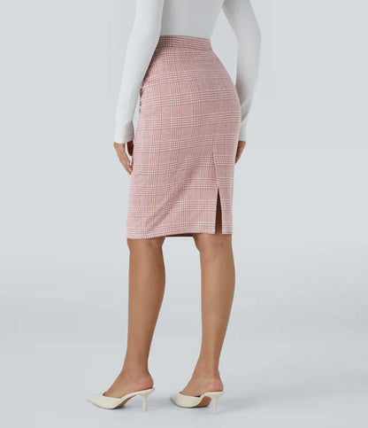 High Waisted Hem Houndstooth Plaid Work Pencil Skirt