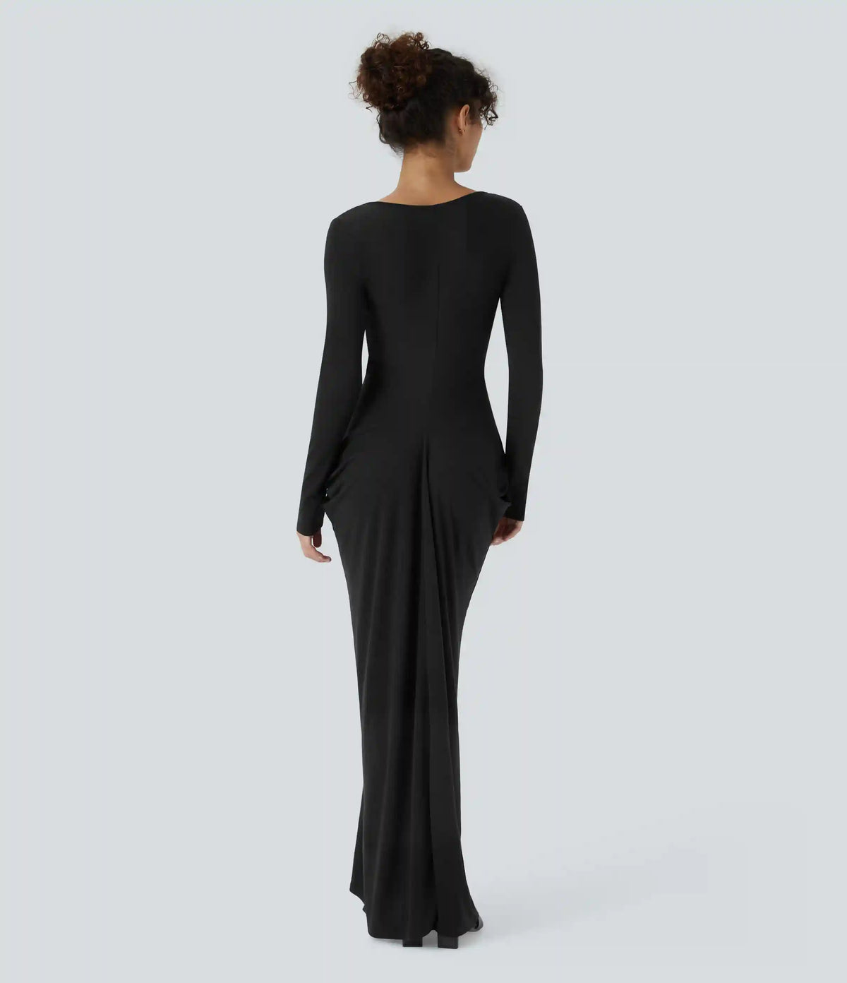Deep V Neck Long Sleeve Stacked Ruched Maxi Casual Dress