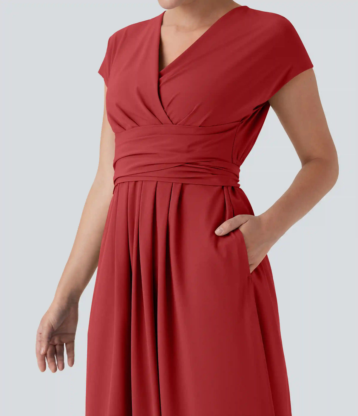 Breezeful™ V Neck Short Sleeve Pocket Tie Back Quick Dry Midi Casual Dress
