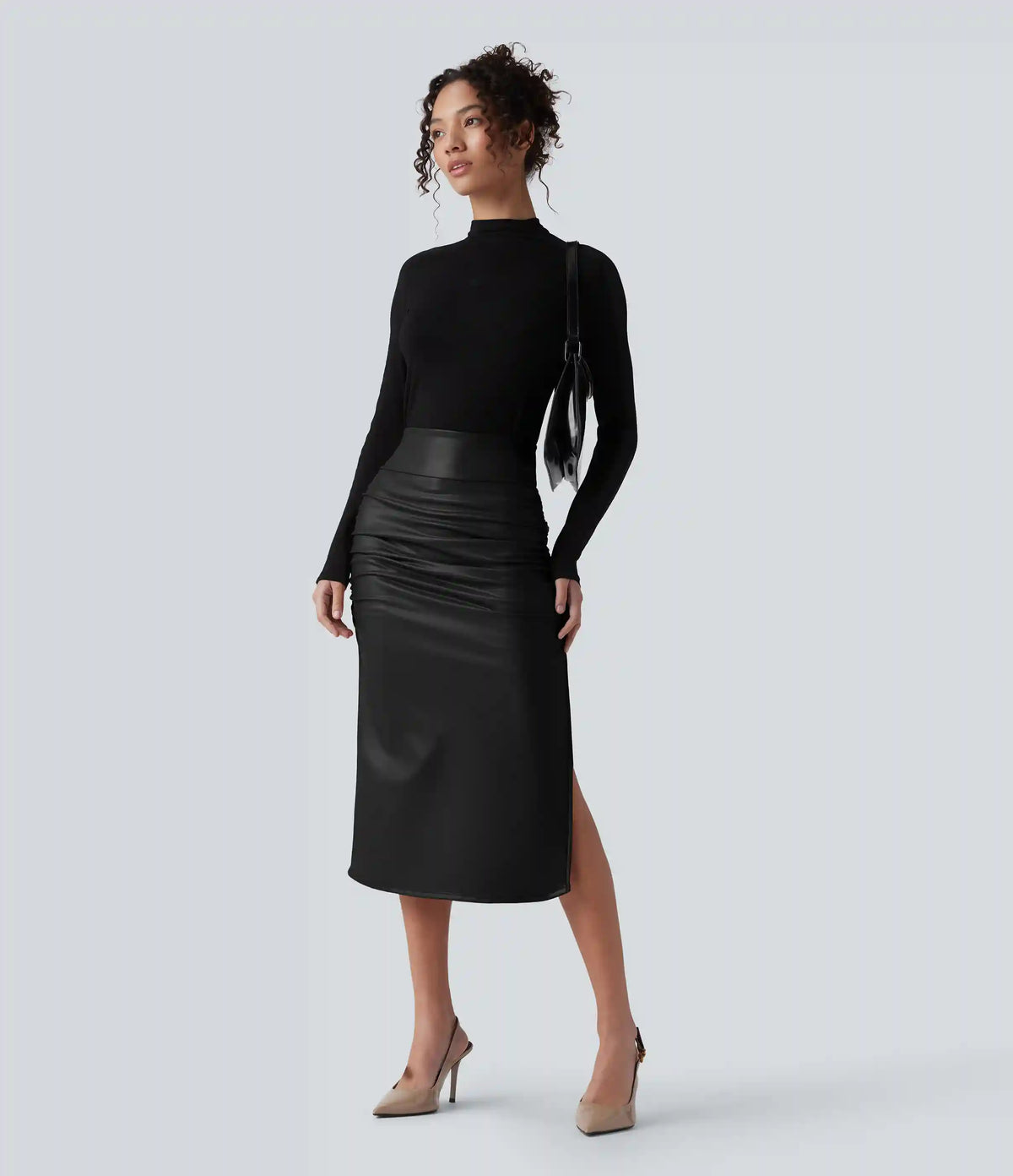 High Waisted Tummy Control Ruched Curved Hem 2-in-1 Fleece PU Midi Casual Skirt