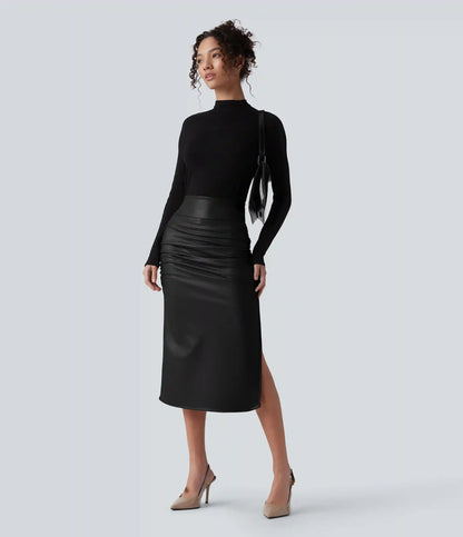 High Waisted Tummy Control Ruched Curved Hem 2-in-1 Fleece PU Midi Casual Skirt