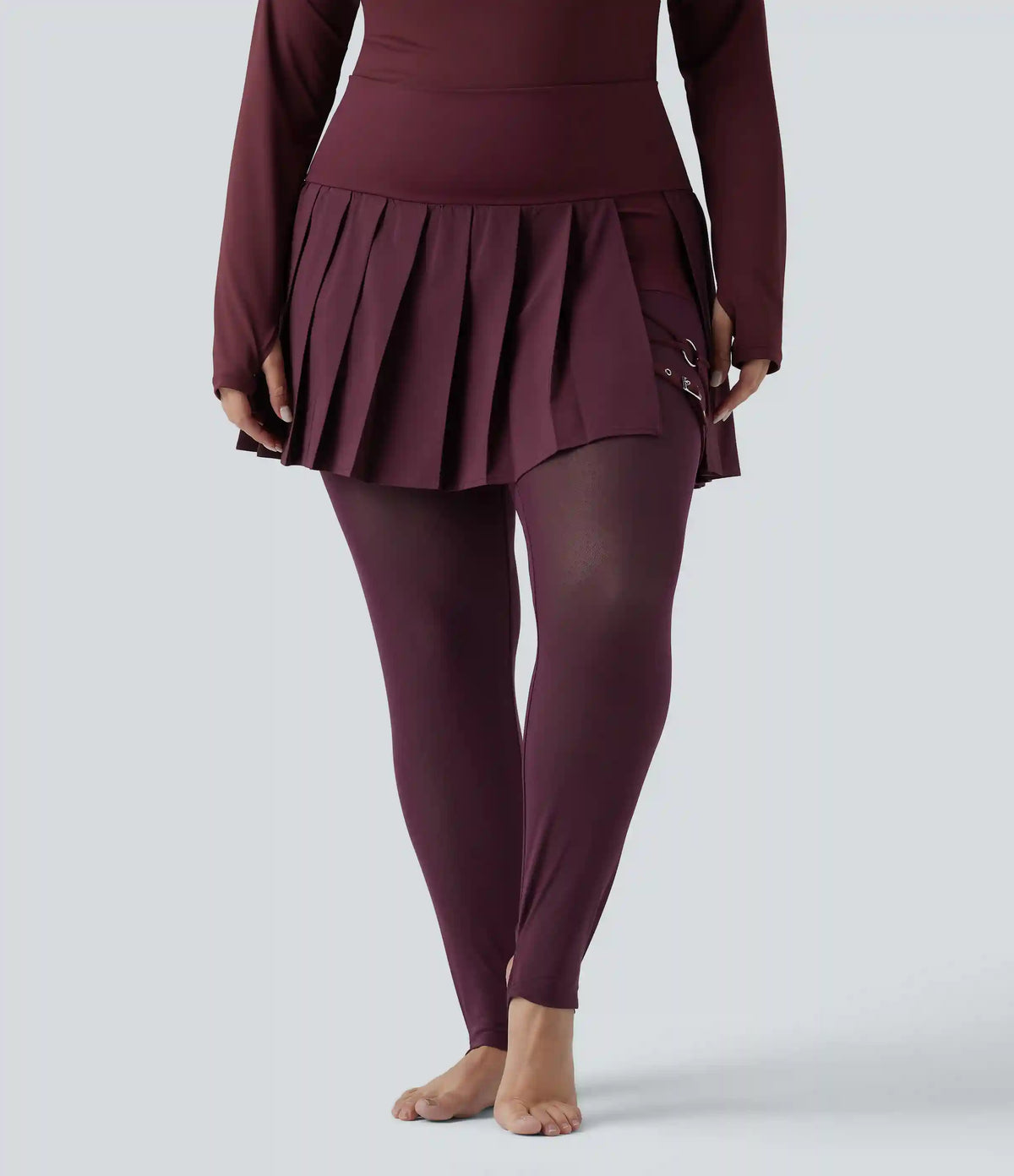 Breezeful™ High Waisted Pleated 2-in-1 Contrast Mesh Quick Dry Dance Plus Size Stirrup Skirted Leggings with Pockets