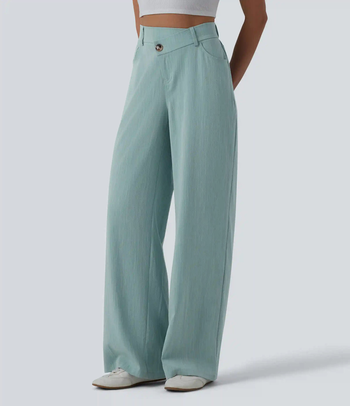 Crossover High Waisted Casual Linen-Feel Baggy Pants with Pockets