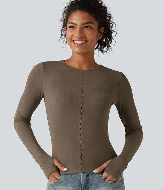 Ribbed Knit Round Neck Long Sleeve Thumb Holes Cut-out Casual T-Shirt