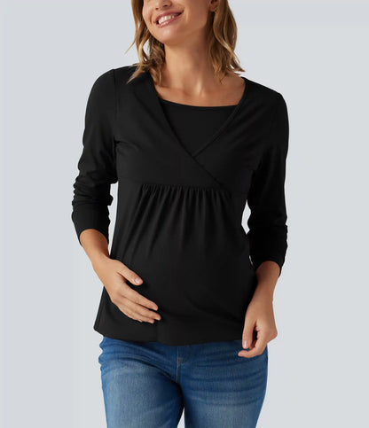 Boat Neck Long Sleeve Crossover Casual Maternity Top