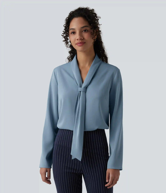 Wrinkle Recovery V-neck Long Sleeve Relaxed Work Tie Blouse