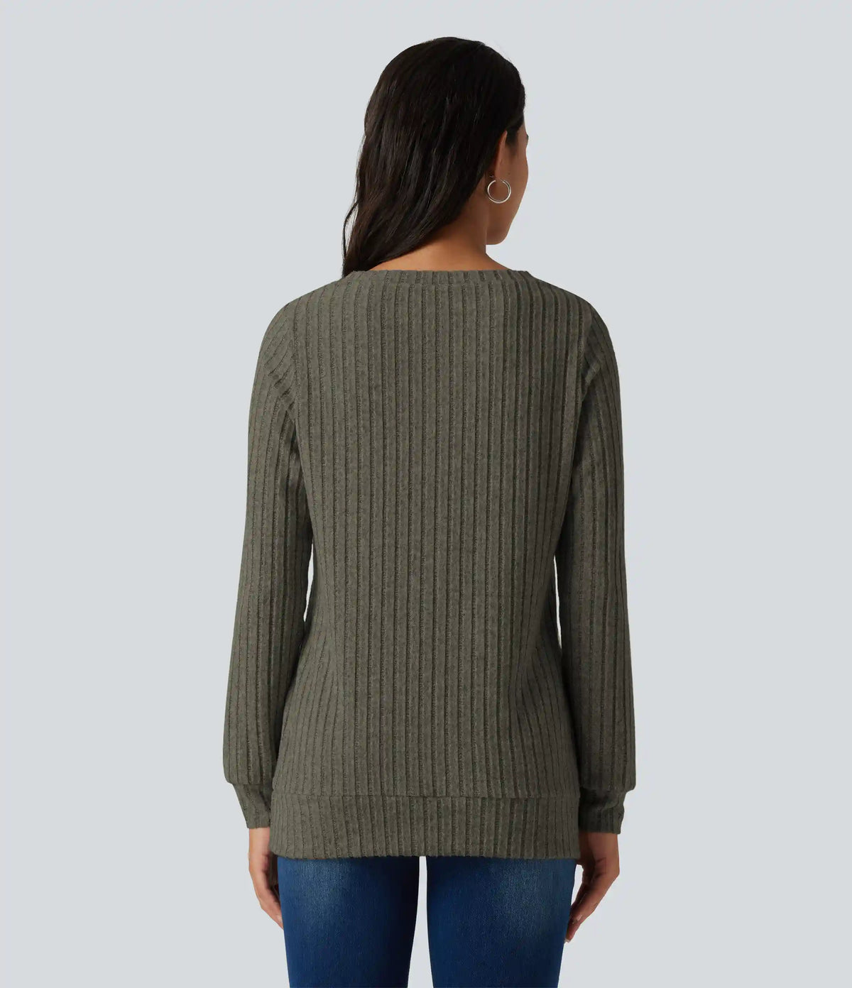 Ribbed Knit V Neck Long Sleeve Casual T-Shirt