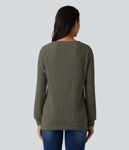 Ribbed Knit V Neck Long Sleeve Casual T-Shirt
