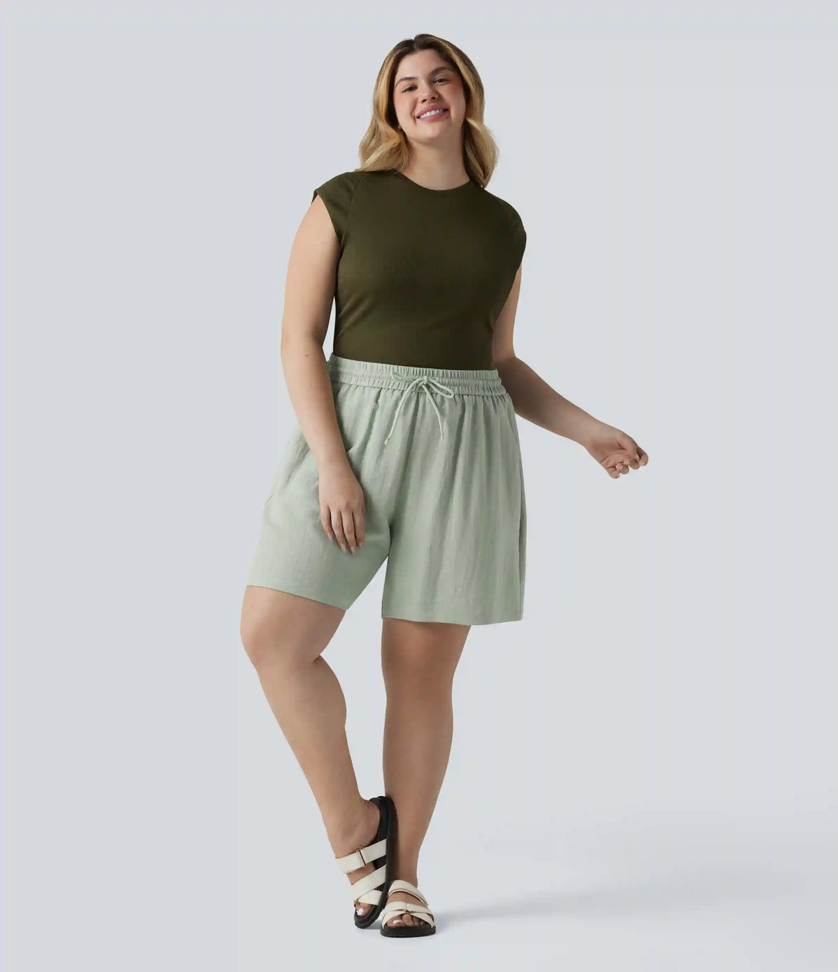 High Waisted Drawstring Casual Linen-Feel Plus Size Shorts with Pockets