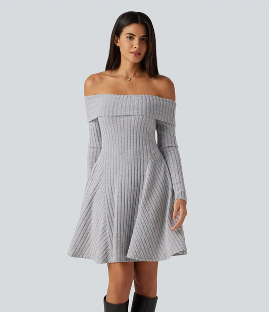 Ribbed Knit Off Shoulder Long Sleeve Built-in Bra Mini Casual Dress with Pockets