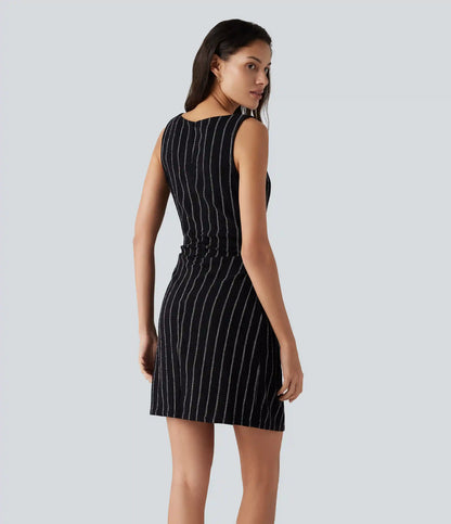 Boat Neck Sleeveless Striped Mini Casual Dress with Pockets