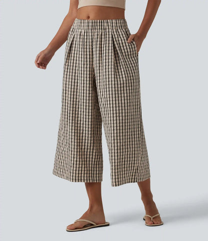 Mid Rise Plaid Cropped Casual Baggy Pants with Pockets